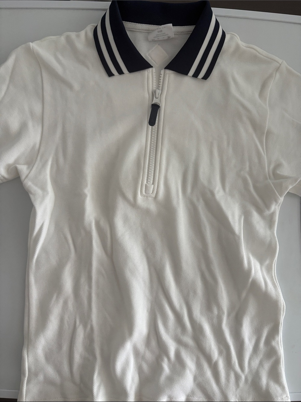 The Upside White Polo Zip Top with Navy Striped Collar